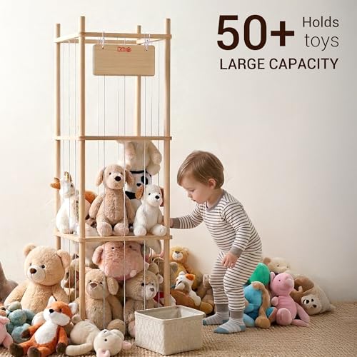 3-Tier Solid Wood Stuffed Animal Storage & Corner Plush Toy Organizer
