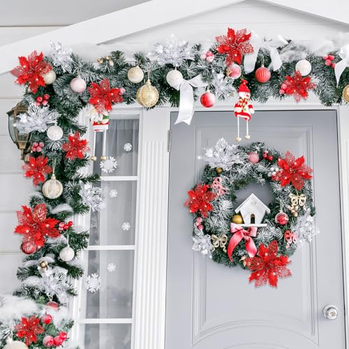 Boao 24 Pcs Red and Silver Christmas Artificial Poinsettia Flowers - Holiday Decor