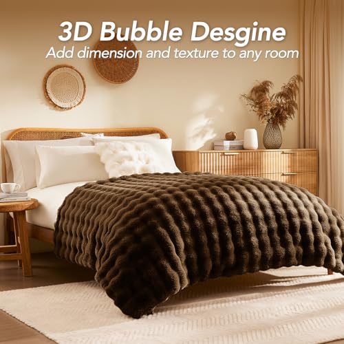 Faux Rabbit Fur Throw Blanket, 50x60 Inch Cocoa Brown Bubble Plush Throw