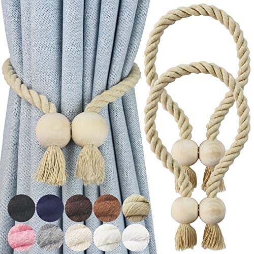 Magnetic Curtain Tiebacks - 2 Pack Hand-Woven Cotton Rope Holdbacks