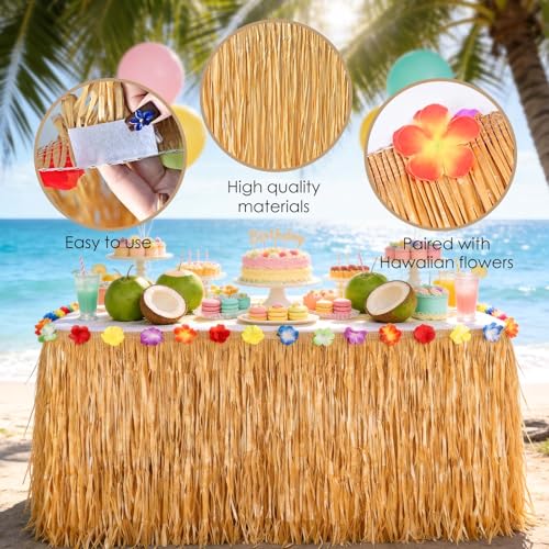 Tropical Luau Grass Table Skirt with Hibiscus Flowers - 9.8ft Waterproof