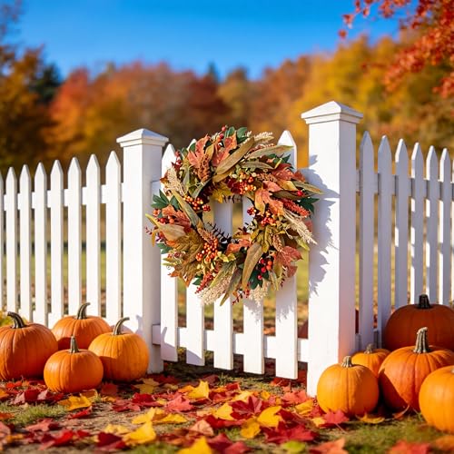 20-Inch Artificial Fall Wreath with Maple Leaves and Berries for Front Door
