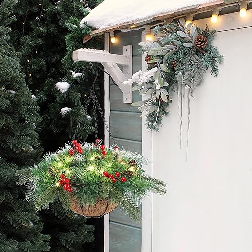 Pre-Lit Artificial Christmas Hanging Basket with LED Lights and Timer