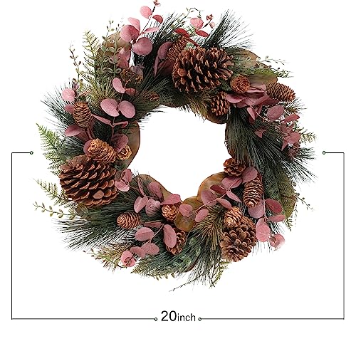 TEMPUS 20in Winter Wreath Magnolia & Red Eucalyptus with Pine Cones — Front Door Decor