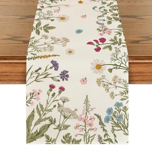 Artoid Mode Wildflowers Herb Spring Table Runner 13x90 Inch Beige Home Decor