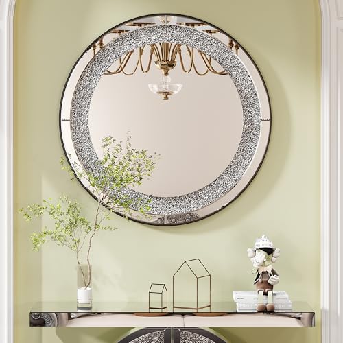 45-Inch Mirrored Console Table and Round Wall Mirror Set with Crushed Diamond