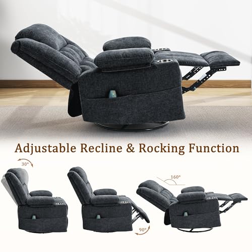 360° Swivel Rocking Recliner with Massage and Heating, Dark Gray Fabric