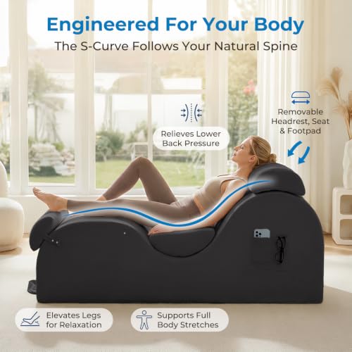 Velvet Yoga Chaise Lounge Chair with Headrest and Footrest, Dark Grey