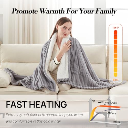 Heated Throw Blanket - 50x60 Inch Soft Flannel Sherpa, 6 Heating Levels, Auto Shut Off