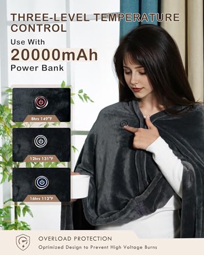 Cordless Heated Blanket with Hood - 9 Heating Zones, USB Powered