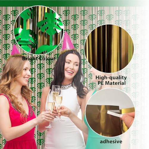 Tropical Leaf Foil Fringe Curtains (4 Pcs) - Gold & Green Luau Decor, 3.3x6.6 ft