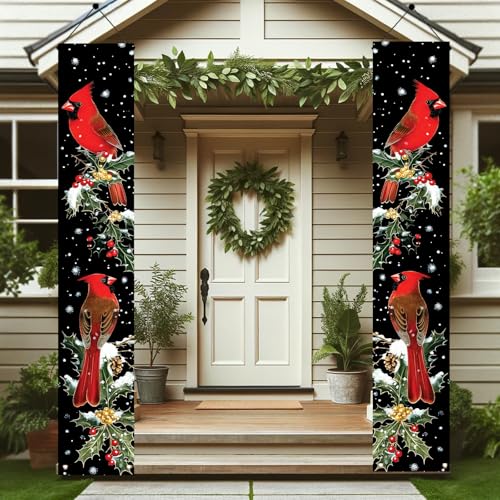 Christmas Cardinal Porch Banner Set 71x12 Inch Winter Holiday Door Decor with Holly & Snow Scene - Saoplasa
