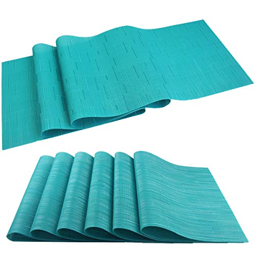 PIGCHCY Elegant Turquoise Placemats & Table Runner Set, Durable Washable Dining Accessories, 6 Placemats + 1 Table Runner (Blue Turquoise)