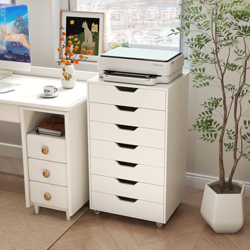 7-Drawer Mobile Rolling Storage Cabinet with Wheels, White Office Organizer