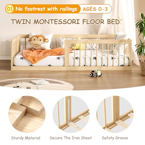 Montessori Twin Floor Bed Frame with Removable Guardrails, Solid Wood