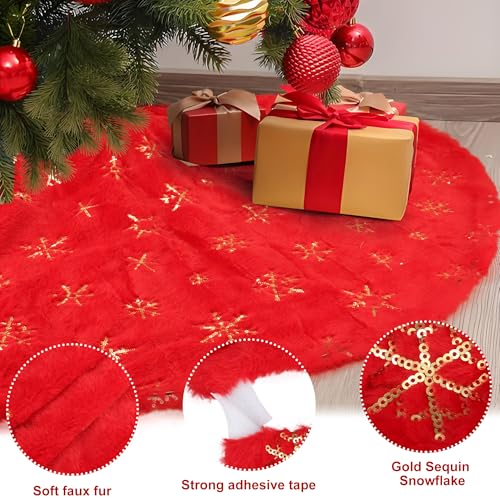 48in Red Faux Fur Christmas Tree Skirt with Gold Sequin Snowflakes