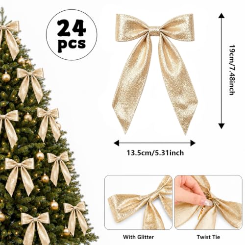 DULEFUN Gold Glitter Christmas Tree Bows Decorations 24 Pack