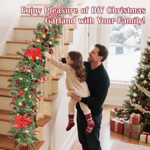 Lewondr 9FT Prelit Christmas Garland with Red Poinsettia & 50 LEDs - Green & Red Variation