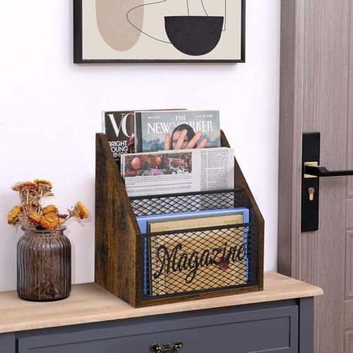 3-Tier Stepped Magazine Rack, Wood and Metal Floor Book Organizer