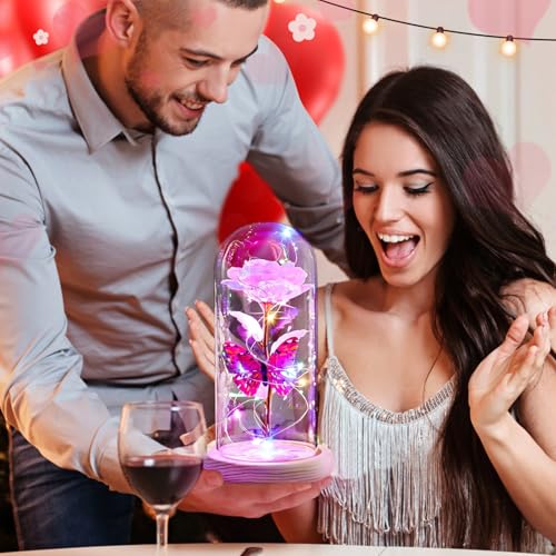 Galaxy Rose in Glass Dome with LED Lights - Eternal Flower Gift for Her