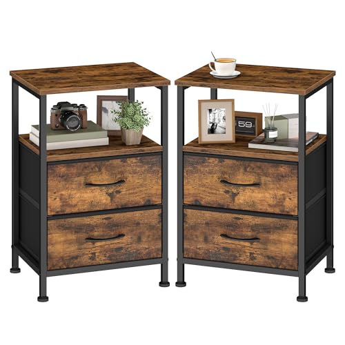 Industrial 2-Drawer Nightstand Set with Open Shelf, Rustic Brown