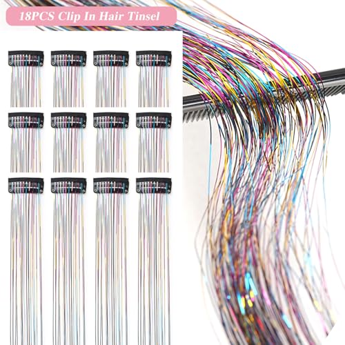 Clip-In Fairy Hair Tinsel Kit for Women & Girls - Laser Color, 23.5 Inch, Glitter Hair Accessories for Parties and Holidays