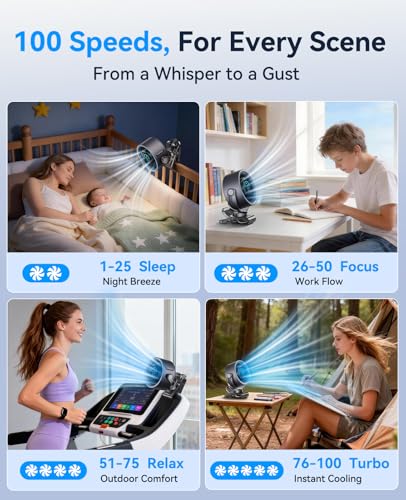 Rechargeable Clip on Fan with 100-Speed Touch Control and LED Display (Black)