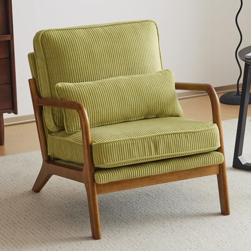 Mid-Century Corduroy Accent Chair with Lumbar Pillow and Solid Wood Arms