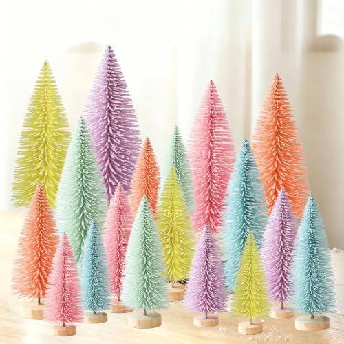 Bijoya 18 Pcs Mini Christmas Trees Set in 3 Sizes with Wooden Bases, 6 Colors