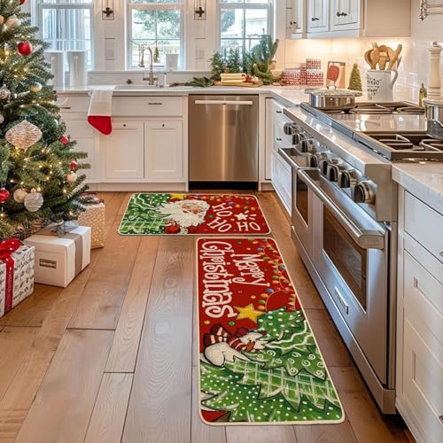 Baccessor Christmas Kitchen Rugs Set of 2 Red Claus Snowman 17x29 & 17x47 Inches