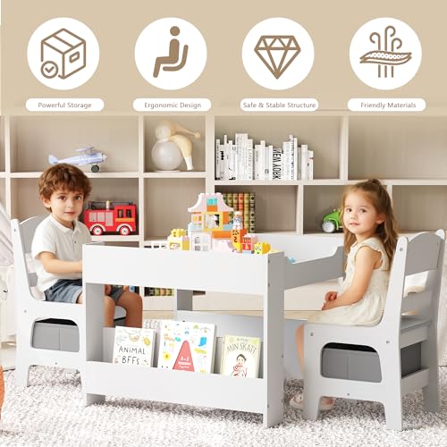 Kids Wooden Activity Table and 2 Chairs Set with Storage and Blackboard