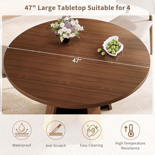47-Inch Round Dining Table for 4-6, Modern Farmhouse Kitchen Table, Walnut