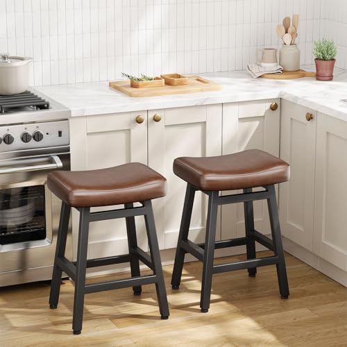 24-Inch Counter Height Bar Stools - Set of 2 Bonded Leather Saddle Stools