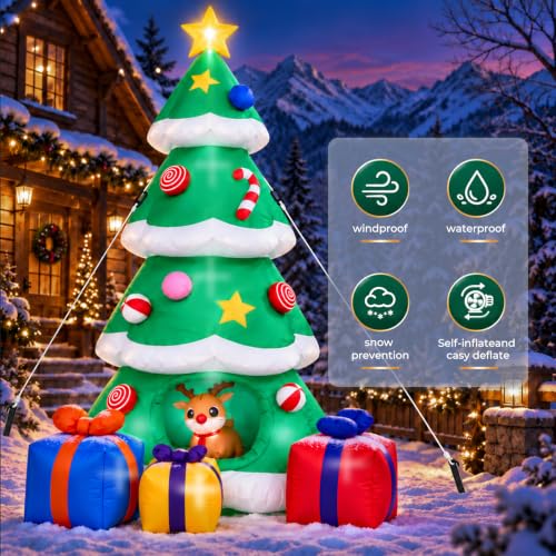 HMAZAE 10ft Green Inflatable Christmas Tree with Built-in LED Lights, Waterproof Outdoor Yard Decor