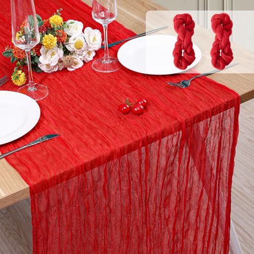 KEEPSHOWING 2 Pack Red Cheesecloth Table Runners 10Ft for Wedding & Party Decor