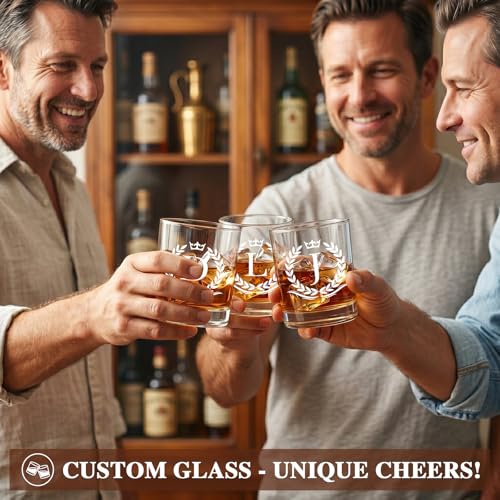 Personalized Whiskey Glass Gift Set with Custom Initial J - Vintage Wooden Barrel, Chilling Stones & Coaster