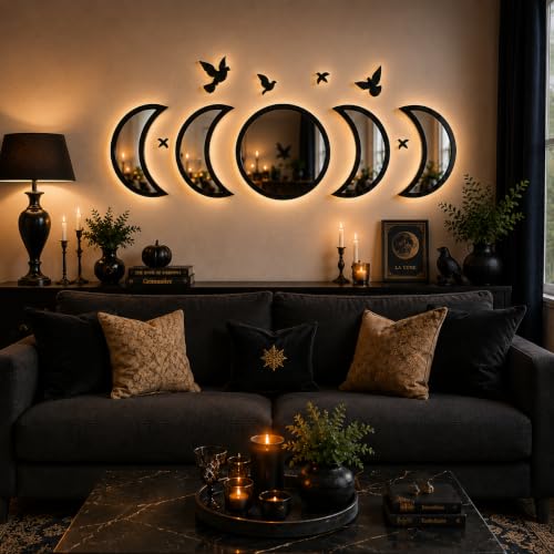 Moon Phase Mirror Wall Decor Set with Birds - Gothic Boho Wall Art