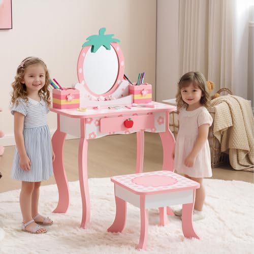 Kids Vanity Table and Chair Set with Fruit Print and Storage