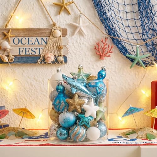 45ct Shatterproof Nautical Christmas Tree Ornaments - Ocean Coastal Beach Decor