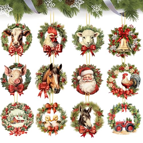 Christmas Farm Animals Wooden Ornaments - Set of 24 Holiday Tree Decorations