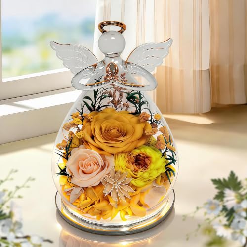 SerPro Preserved Rose Angel Figurine with Warm LED Lights in Glass Dome (Yellow) — Gifts for Women