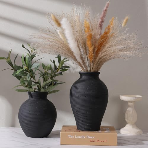 Black Ceramic Flower Vase - 7.4" Handcrafted Farmhouse Table Decor