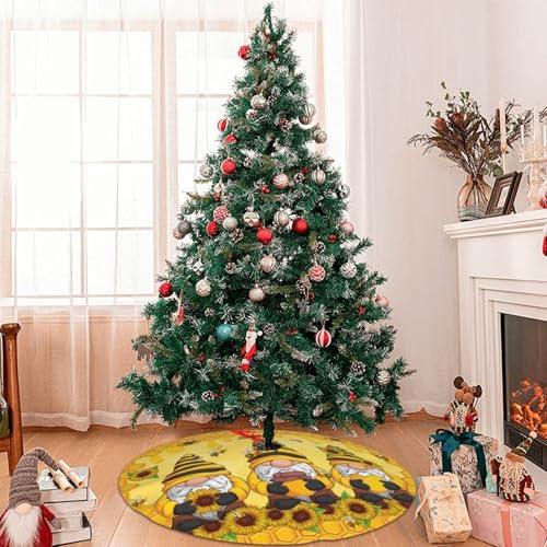 Sunflower Gnomes Christmas Tree Skirt 36 Inch - Farmhouse Holiday Mat