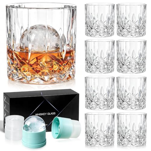 QUMMFA Whiskey Glass Set with Ice Ball Molds - 16 pcs, 11 oz Old Fashioned Glasses for Bourbon & Scotch, Gift Box