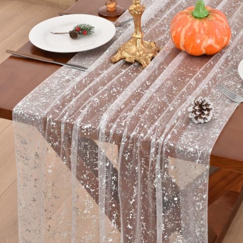 Joanlody Silver Glitter Tulle Table Runner 28x120 Inches - Winter Wedding & Holiday Decor, 4 Pack