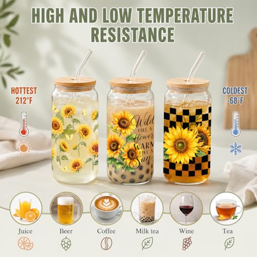 16oz Sunflower Glass Cups with Bamboo Lids and Straws, 6-Piece Set