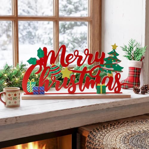 Merry Christmas Indoor Metal Sign with Wooden Base - Farmhouse Rustic Holiday Decor