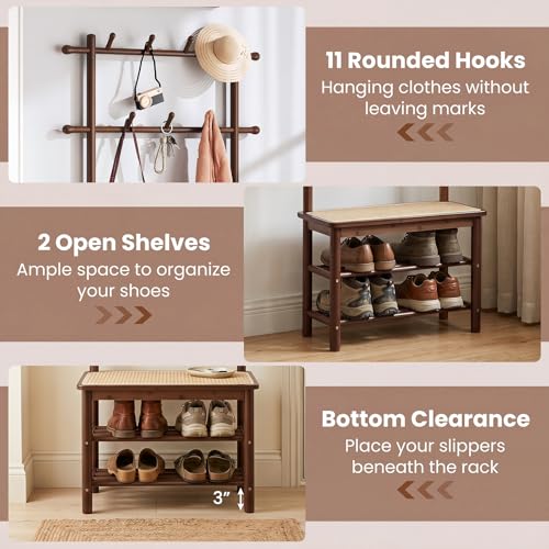 3-in-1 Bamboo Hall Tree with Shoe Storage Bench and Coat Rack
