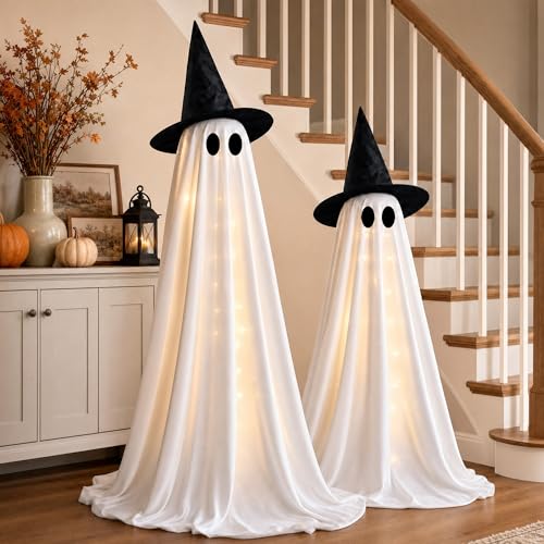 Yumiio Light Up Halloween Ghosts 2-Pack, Adjustable Height LED Decor