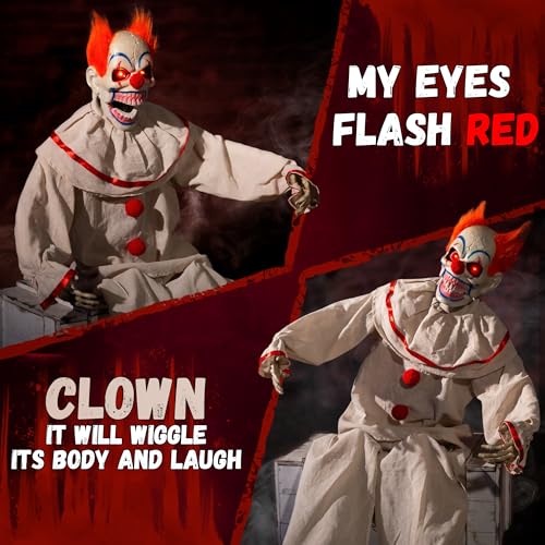 Animated Halloween Sitting Clown Animatronic Prop with Sound & Light-Up Eyes